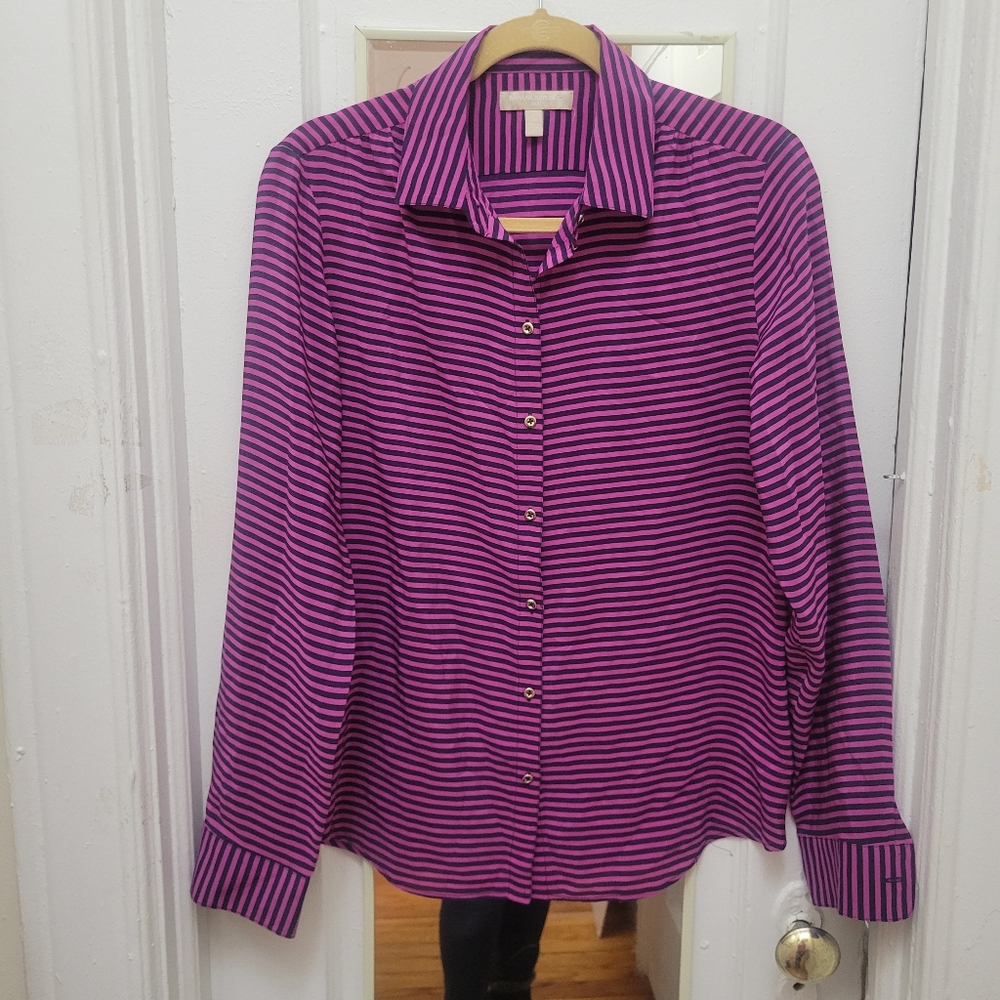 Banana Republic 100% Silk‎ Striped Top Magenta & Navy Corporate  Preppy Nautical